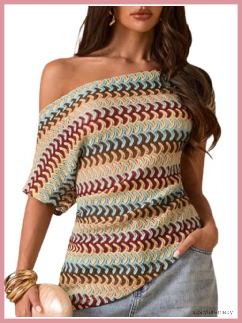 Boho Off Shoulder Textured Asymmetric Short Sleeve Knit Top